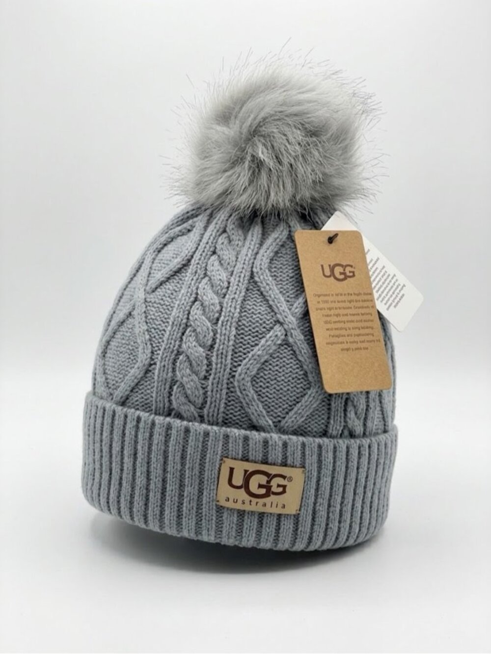 UGG Australia Cable Knit Beanies Hat Touque Faux Fur Lined New NWT Gray winter